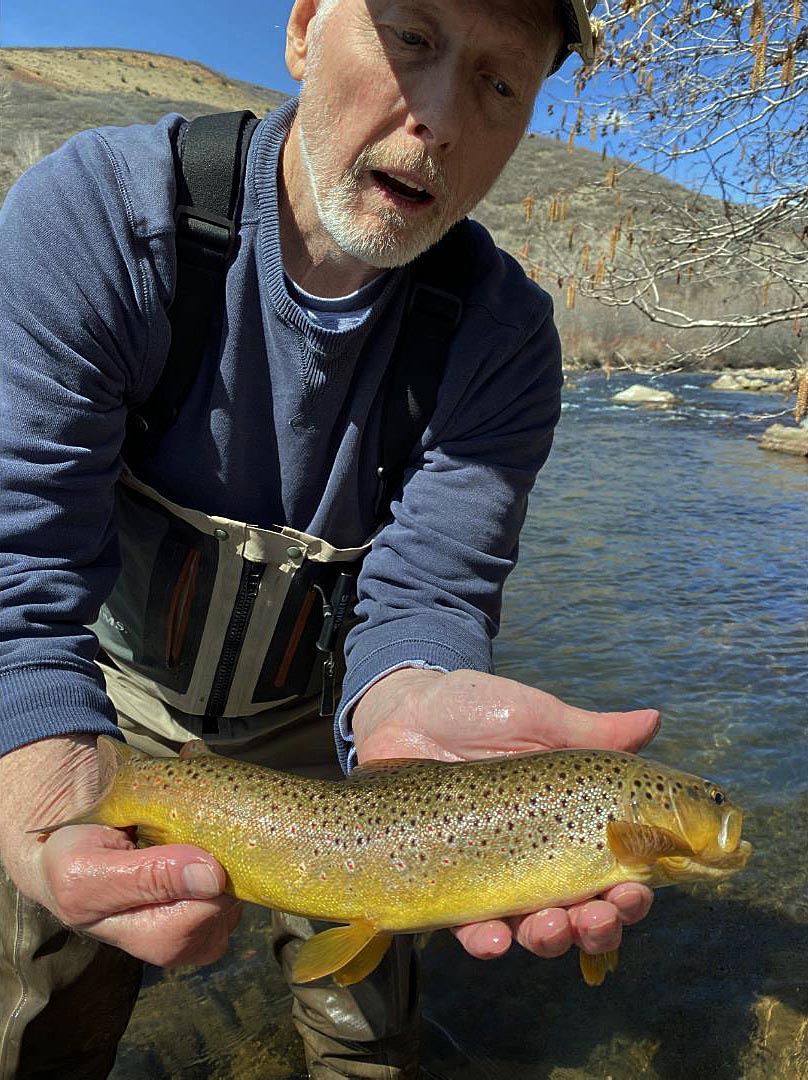 Doug R. lands a sizable brown trout from a river somewhere in North America 3/15/2022