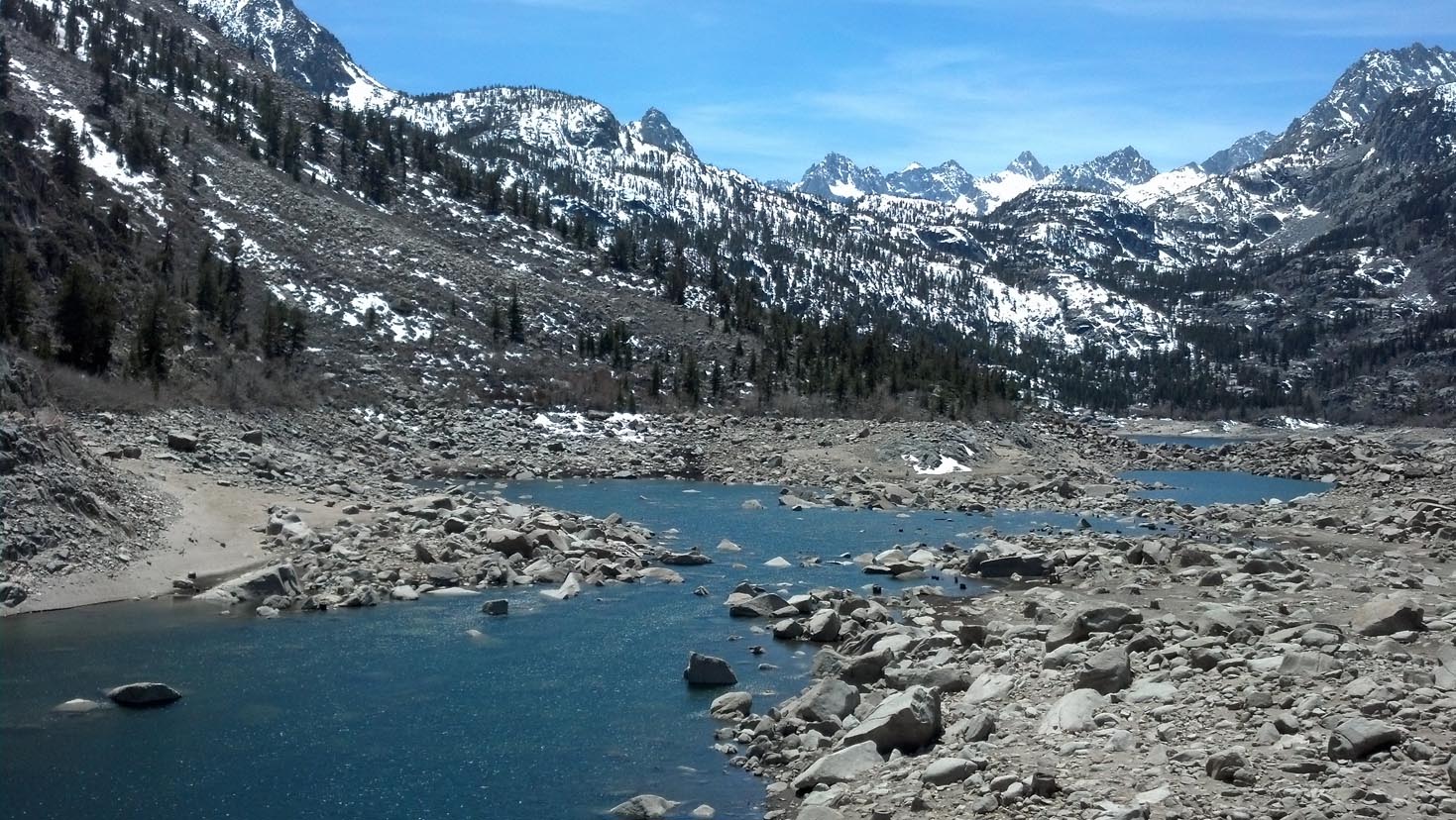 Jim L. took this photo of Lake Sabrina 5/2/2014.  At least there is a little snow back there.