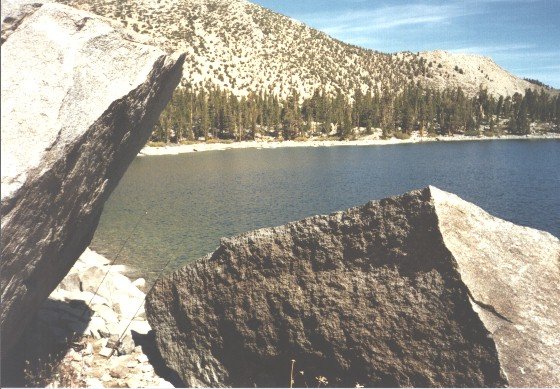 A grotto at Dufish's favorite High Sierra lake where we set up to fish, 9/18/2000