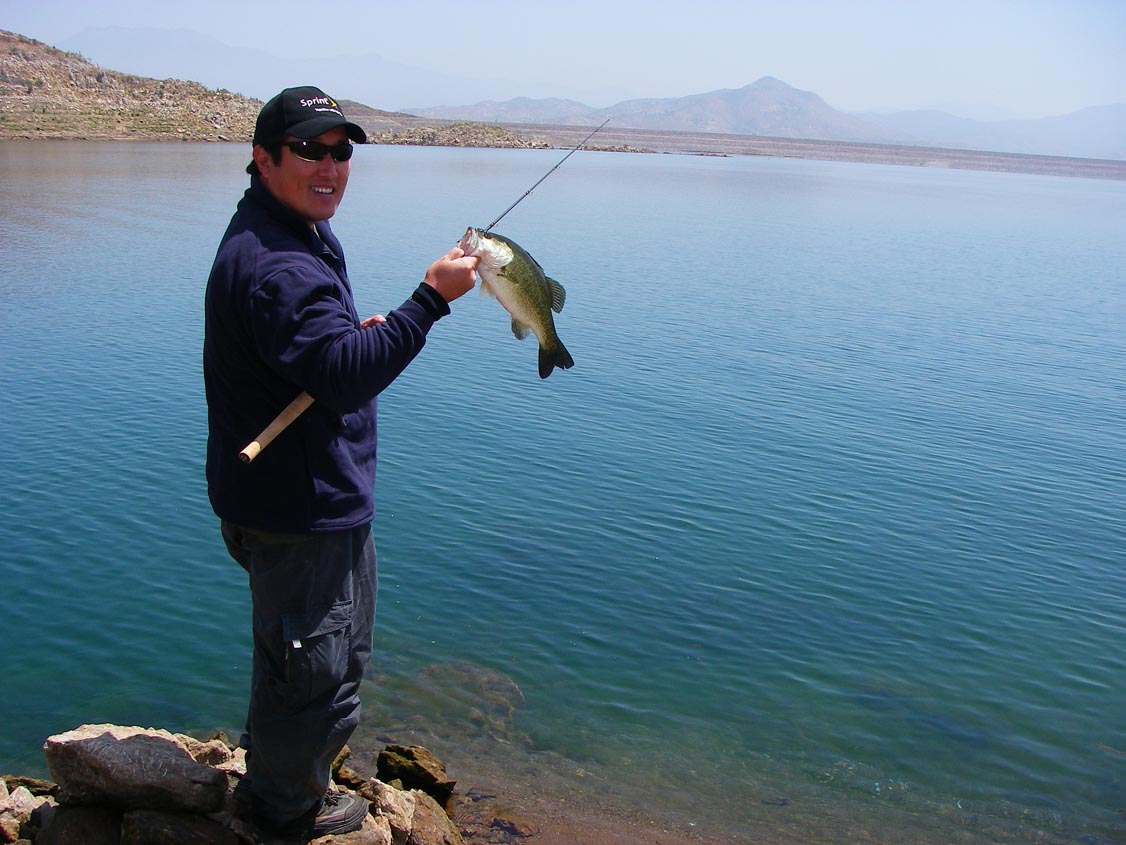 Wook sights a 2-12 largemouth bass in the clear water of Diamond Valley Lake and manages to induce a strike 4/29/2009