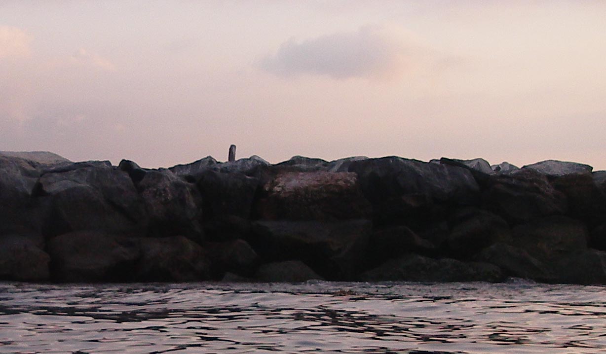 A log sticking up out of the rocks a mile from Angels Gate indicates a good spot to start fishing for calico bass on the Federal Breakwall 6/17/2009.
