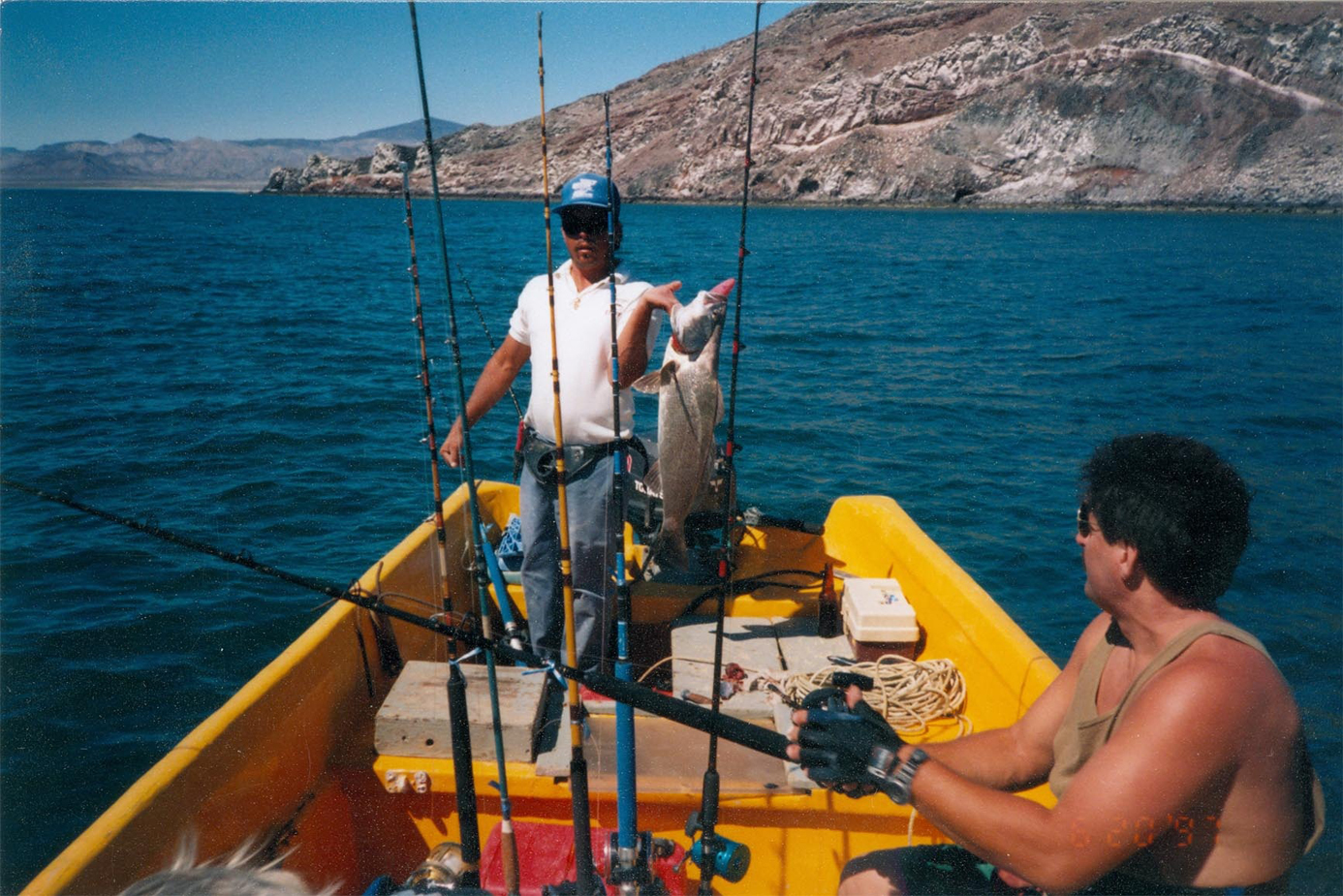 Mabe catches and releases a totuaba during a Tony Reyes trip to Islas Encantadas, Baja California 1997