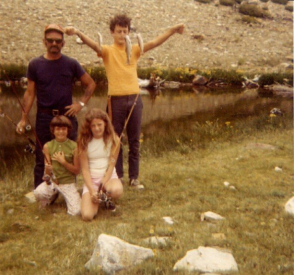 Dufish, his Dad and 2 sisters backpacking at a lake above South Lake in the early '70s