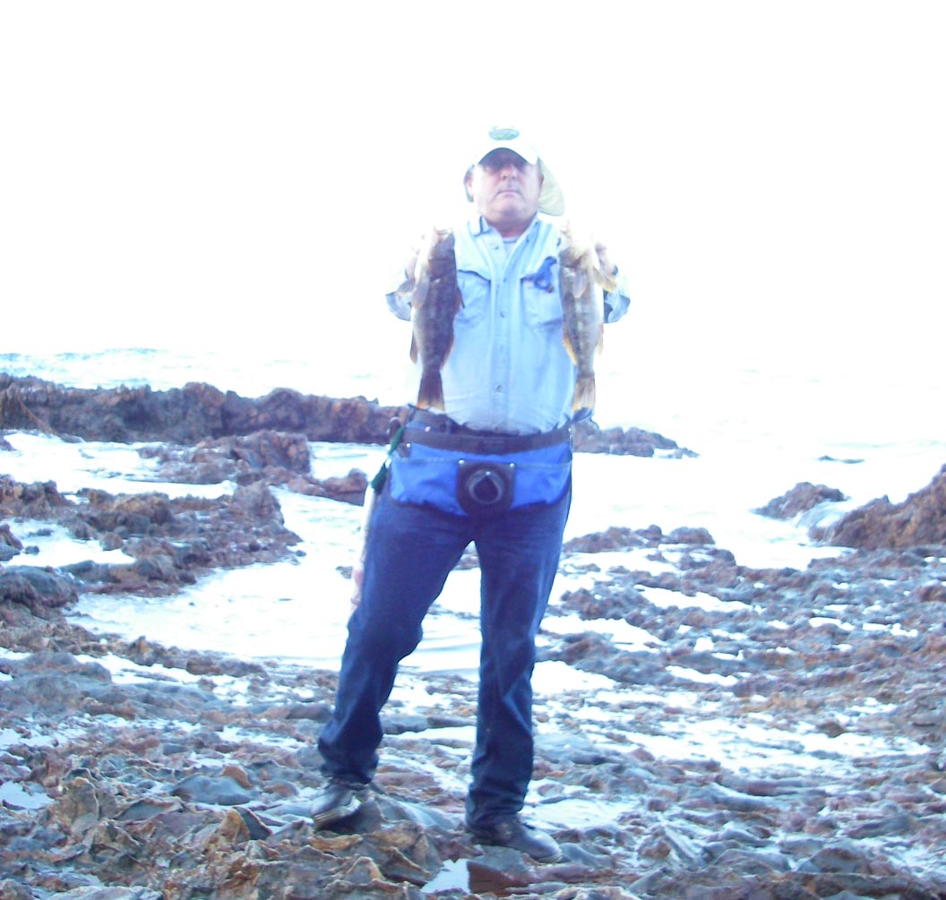 Mike Dufish with two legal calico bass caught from the rocks of Palos Verdes in the predawn hours 10/30/2013   