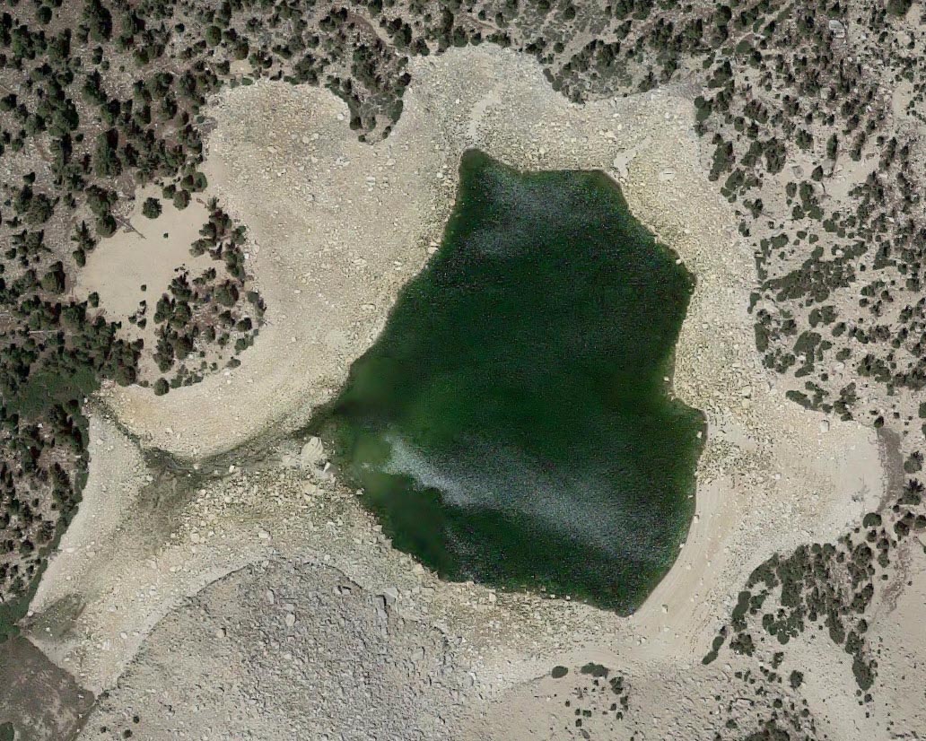 Secret Golden Trout Lake all shriveled up in 2016 during the drought as seen from satellite. 