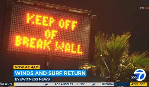 Redondo Beach warning wave gawkers to stay away from the breakwall during the monster swell event of January 11, 2024.