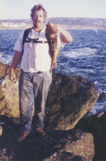 Breakwall Darryl with a nice 6-8 calico bass caught at the Redondo Breakwall on a Fish Trap one June afternoon.