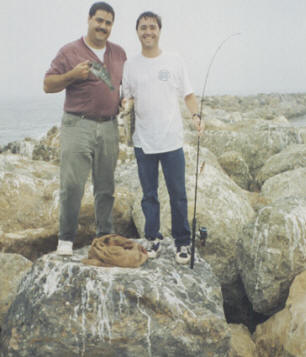 Andy Q. on right with his brother way out on the Redondo Breakwall with nice calicos caught on Fish Traps.