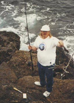 Jim G. with a snow crab that ate bait at Redondo Breakwall.