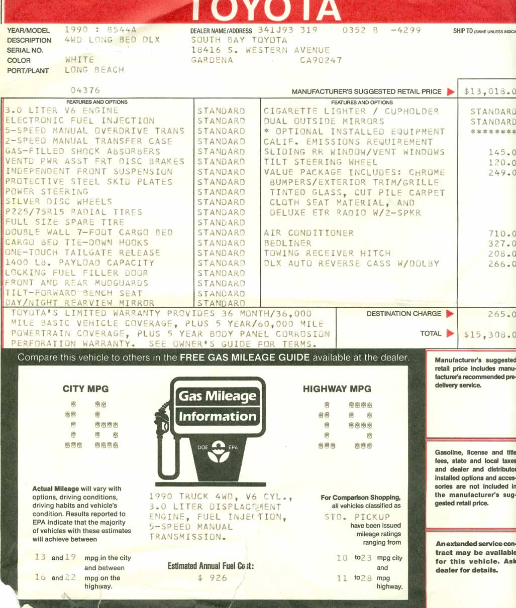 Window sticker from my 1990 truck