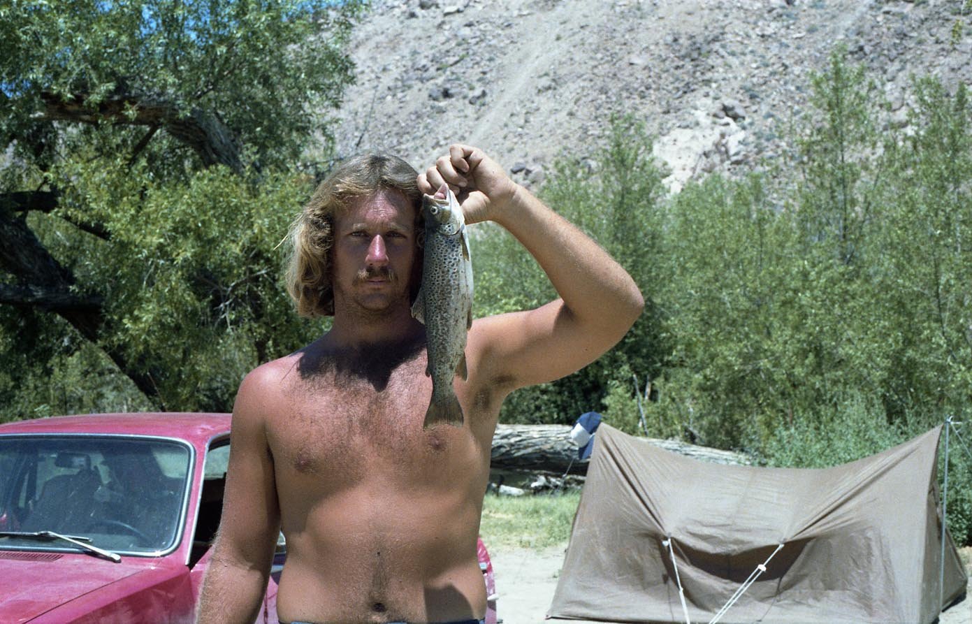 Breakwall Darryl with a nice Brown trout caught on a Panther Martin from the Lower Owens River 1980