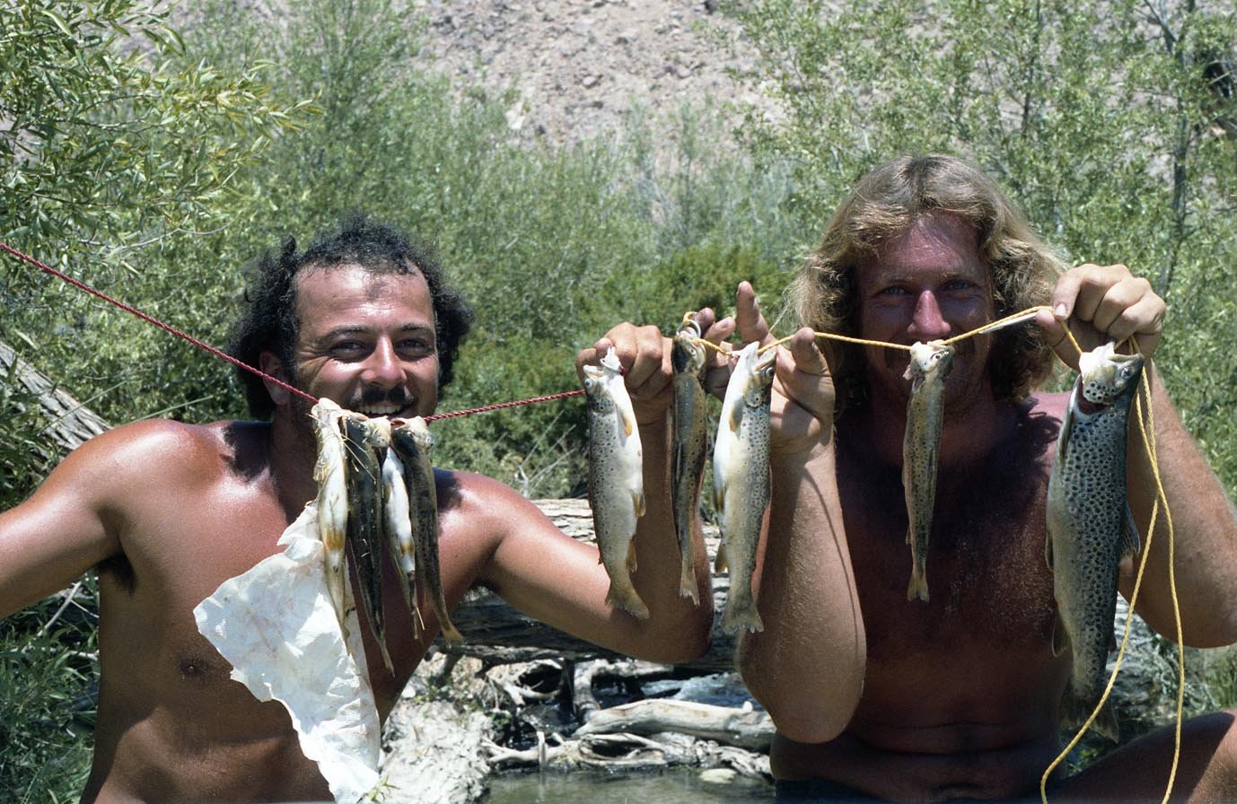 Mike Dufish and Breakwall Darry with a stringer of browns using Panter Martins and crickets in the Lower Owens River 1980